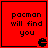 Red square icon with black text "pacman will find you" and a Pac-Man ghost symbol in the bottom-right corner, showing animation changes in the ghost's mouth position across frames.