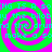 Four identical spiral patterns with alternating green and pink rings, overlaid with cyan text repeating 'ING IS A so:NG IS A so by the biloby the bilob rd the drumd the drum make a so make a so' on a bright pink background.