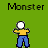 Animated contact sheet of a 48x48 pixel buddy icon showing sequential frames where a stick figure character interacts with a red monster-like entity against a green background, labeled "Monster" in text above each frame.
