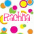 Pixelated icon with pink text 'Rachna' surrounded by colorful circles and shapes on white background.