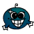 Blue circular character with large black eyes, white teeth, and a small curved antenna on top.