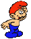 Pixelated cartoon character with red cap and blue overalls in six distinct poses showing varied expressions and gestures against gray background.