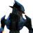 Pixelated static image of a character in dark blue and black armor with purple accents, viewed from the side against a white background.