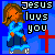 Pixelated icon of a woman with brown hair in blue clothing standing beside text reading 'Jesus loves you' and a red cross on blue background.
