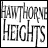 Two side-by-side animated frames of a pixelated text logo for "Hawthorne Heights" with varying contrast and background tones.