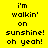 Yellow background with black text displaying 'i'm walkin' on sunshine! oh yeah!' in a , where specific words change color between frames