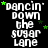 A black background displays repeated white text 'dancin' down the sugar lane' with scattered green stars, arranged in a of four and five