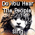Pixelated image of a person with dark hair and a white face, overlaid with bold text reading "Do You Hear The People Sing" against a gradient background.
