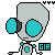 Pixelated alien robot with large cyan eyes, gray body, and black limbs stands beside a blue 'GIR' sign.