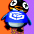 Pixelated cartoon penguin mascot wearing blue shirt with white logo, standing against orange and purple gradient background.
