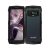 Pixelated static image showing two side-by-side smartphone views with dark borders, one displaying a light pink and white abstract pattern, the other a dark green and black interface with a small rectangular element.