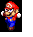 Pixel art of Mario in red cap, blue overalls, white gloves, and brown shoes performing various actions against black background.