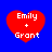 Four red heart shapes on blue background with white text "Emily + Grant" inside each heart, varying in size and pixelation across four views.