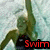 A woman in a black swimsuit with arms raised, water background, and the word 'Swim' displayed in red text.