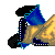 Pixel art animation frame showing two cartoon characters in a romantic pose with text and heart symbol.