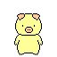 Yellow piglet with pink ears and snout, standing on gray background in pixel art style.