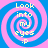 Four identical pixelated spiral patterns with blue and pink colors, each containing yellow text reading "Look into my eyes :p" arranged in a