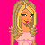 Pixel art contact sheet of a blonde female character in various poses and expressions with "good girl" text on purple star shapes against a bright pink background.