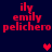 Red pixelated text 'ily emily pelichero' arranged in three lines on a dark blue background, with a red heart symbol appearing in the center and a dark red heart symbol in the upper right corner.