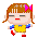Pixel art of a girl with brown hair, pink bow, yellow dress, blue sleeves, red shoes; left pose shows right leg forward, right pose shows left leg forward.