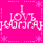 A bright pink background features repeated white text reading "I LOVE" above stylized characters, with light purple decorative elements and dashed lines forming a pattern