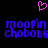 A pixelated image with a pink heart symbol above blue text reading 'mopin chobots' repeated twice on a black background.