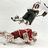 Four hockey-themed scenes show players in red and white gear on ice, including a goalie blocking shots with pads and stick.