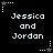 Black background with white pixelated text "Jessica and Jordan" repeated in six positions, each surrounded by white star and dotted line elements.