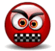 Red circular icon with angry expression showing eyes, eyebrows, and mouth in multiple variations.