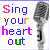 A 4-frame animated contact sheet showing a vintage microphone icon with changing text colors across frames, each frame displaying "Sing your heart out" in different color combinations.