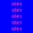 Pixelated text 'alex' repeated across four color-blocked sections with varying background shades and consistent pink lettering.