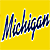 Yellow background with blue cursive 'Michigan' text; teal background with pixelated 'CoolBuddy.com' text on diagonal; gray area below.