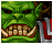 Pixel art of a green-skinned creature with red eyes, large teeth, and brown hair holding a silver sword with red accents.