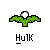 Pixel art icon of a green plant with a white bulbous top, positioned above stylized text reading 'HULK' on a gray background.