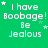 Green background with white pixelated text reading "I have Boobage! Be Jealous" repeated in a , stars scattered around text, some stars animate to different positions across frames