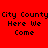 Red background with black pixelated text 'City County Here We Come' repeated in four quadrants, one quadrant featuring a white radial gradient overlay.