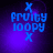 Blue pixelated text 'PRUITY LOOPY' with two X symbols on a purple gradient background, animated by shifting light effects.