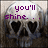 Pixelated skull with heart-shaped eye sockets and purple text reading "you'll shine... when you're DEAD..." across three
