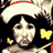 Pixelated static icon of a person with dark hair, white face paint, and yellow star shapes against black background.
