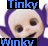 Animated contact sheet of three frames showing a Teletubbies character with purple body and large eyes, featuring text overlays in blue or yellow on black backgrounds.
