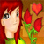 A pixelated character with red hair and green clothing holds red roses, with a heart symbol changing from red to orange between frames.