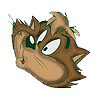 Three cartoon animal head expressions on gray background: left-facing angry, right-facing surprised, and downward-looking sad with green eyes and brown fur.
