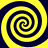 Four yellow and dark blue spiral patterns arranged in a symmetrical on a solid background