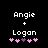 Pixelated text displays 'Angie + Logan' with pink and purple heart symbols below, showing animation changes in the hearts.