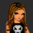 Pixelated cartoon character with long brown hair and red eyes wearing a black shirt with white skull graphic, displayed in 2x2 contact sheet format with text blocks on red background.