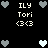 Pixelated icon with repeated text and heart symbols on black background, showing animation changes in heart colors and positions.
