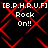 Red diamond lattice pattern overlays black background with repeated white text 'Rock On!!' and '[B.P.H.R.U.F]' in pixelated font.