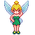 Pixel art of a character with blonde hair in a bun, blue wings, green dress, and green shoes with yellow accents, standing against a gray background.