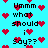 Pixelated text on cyan background with red hearts; 'Ummm what should i Say??' repeated in black block letters, each instance paired with heart symbols.