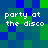 Pixelated of blue and green squares with repeated white text reading 'party at the disco' in four quadrants